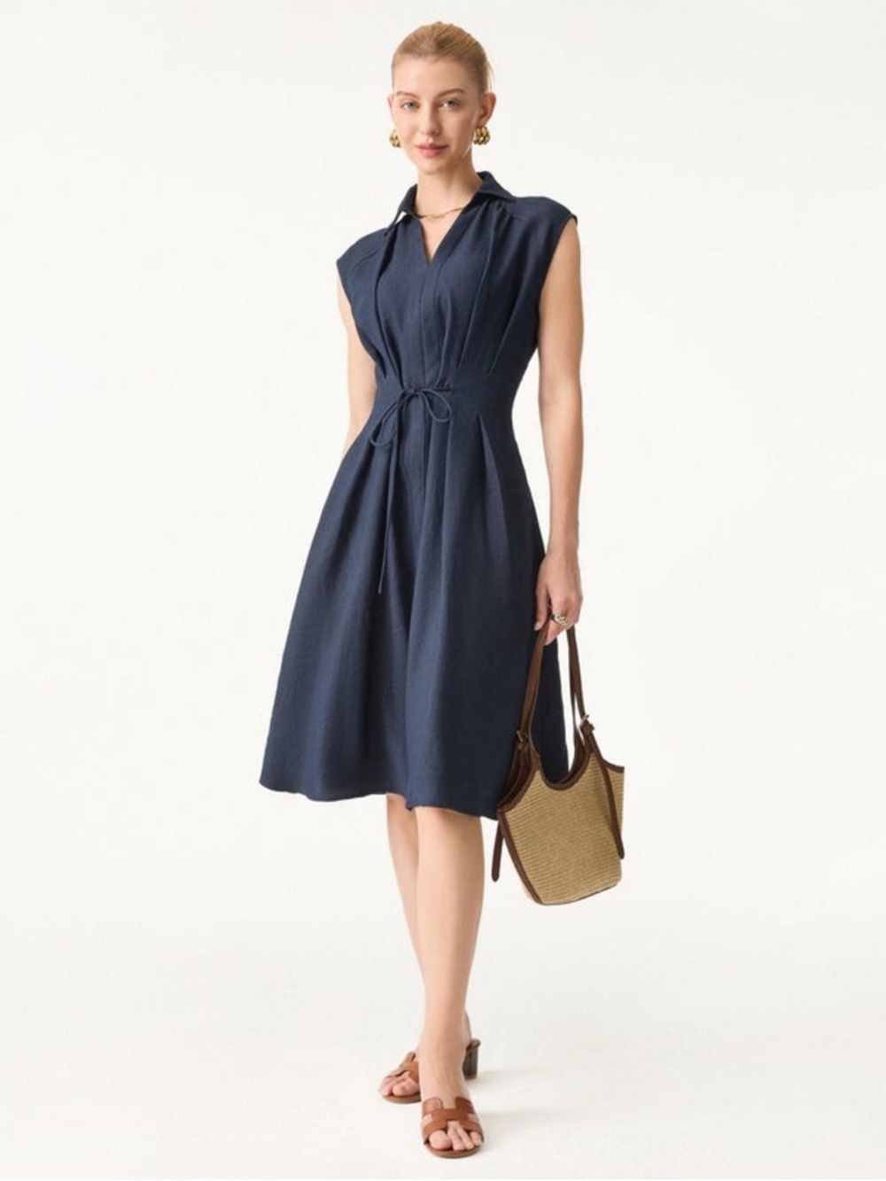 OGL Viscose-Linen Collared V-neck Midi Dress w/ Drawstring in Denim Navy. NWT